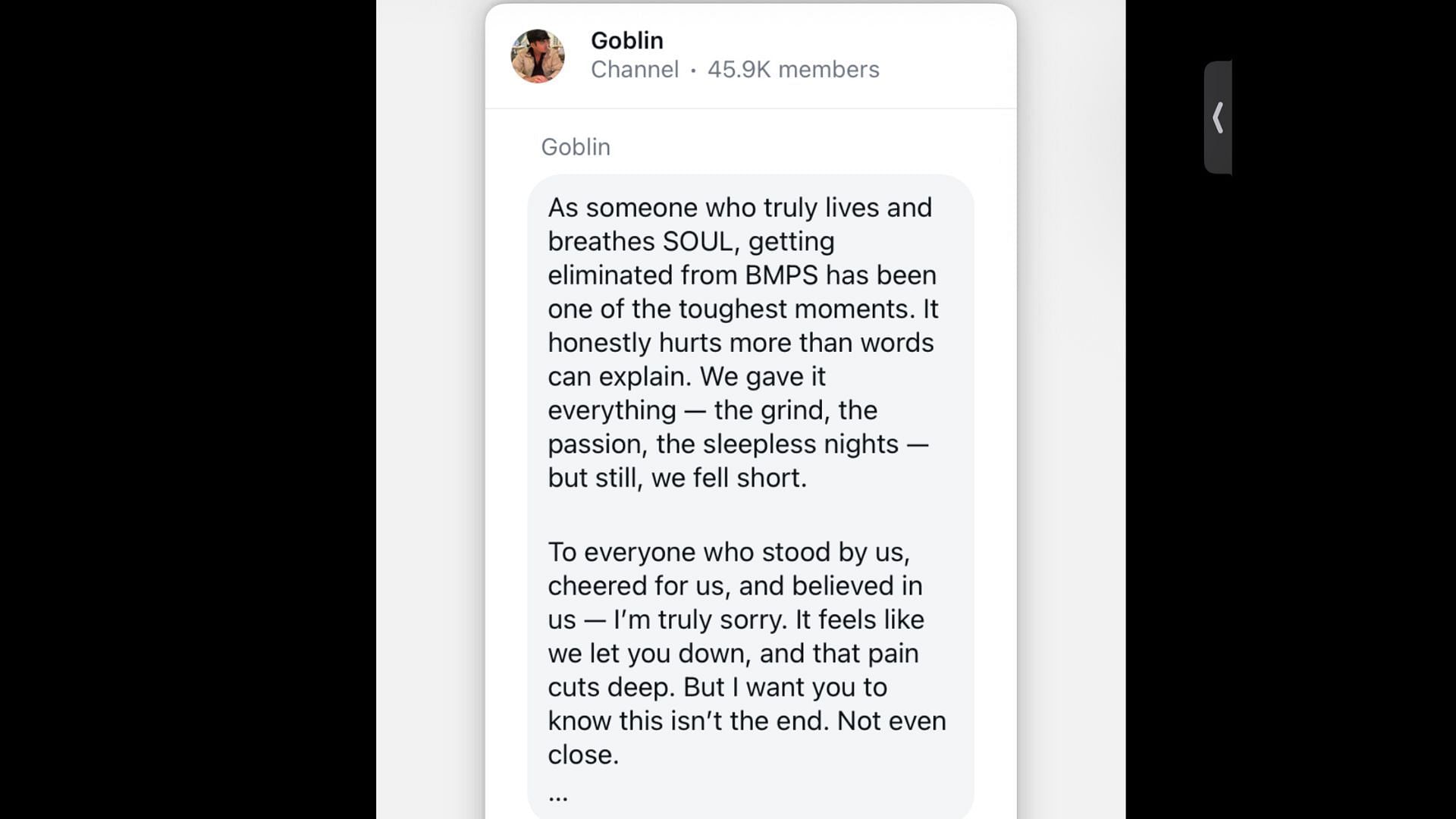 Goblin shared an emotional note after Team Soul's elimination from BMPS 2025(Image via Instagram/Goblin)